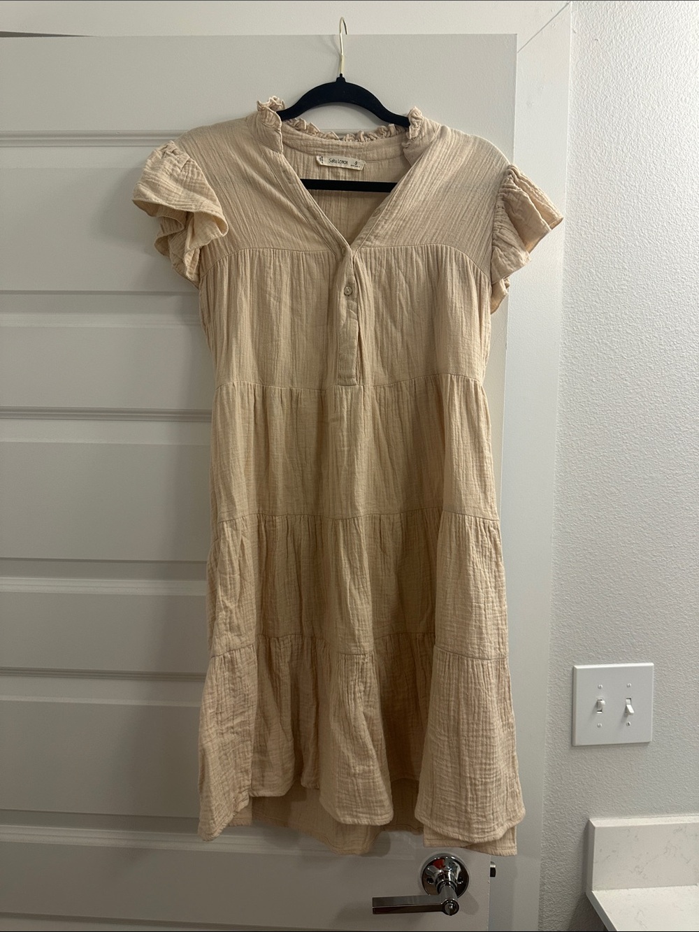 Beige Short Sleeve Tiered Cotton Dress